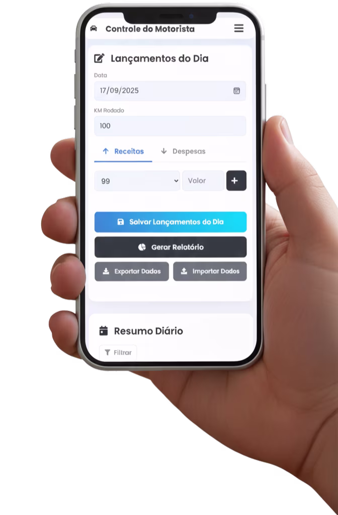 Tela do sistema Controle do Motorista sendo exibida em um smartphone